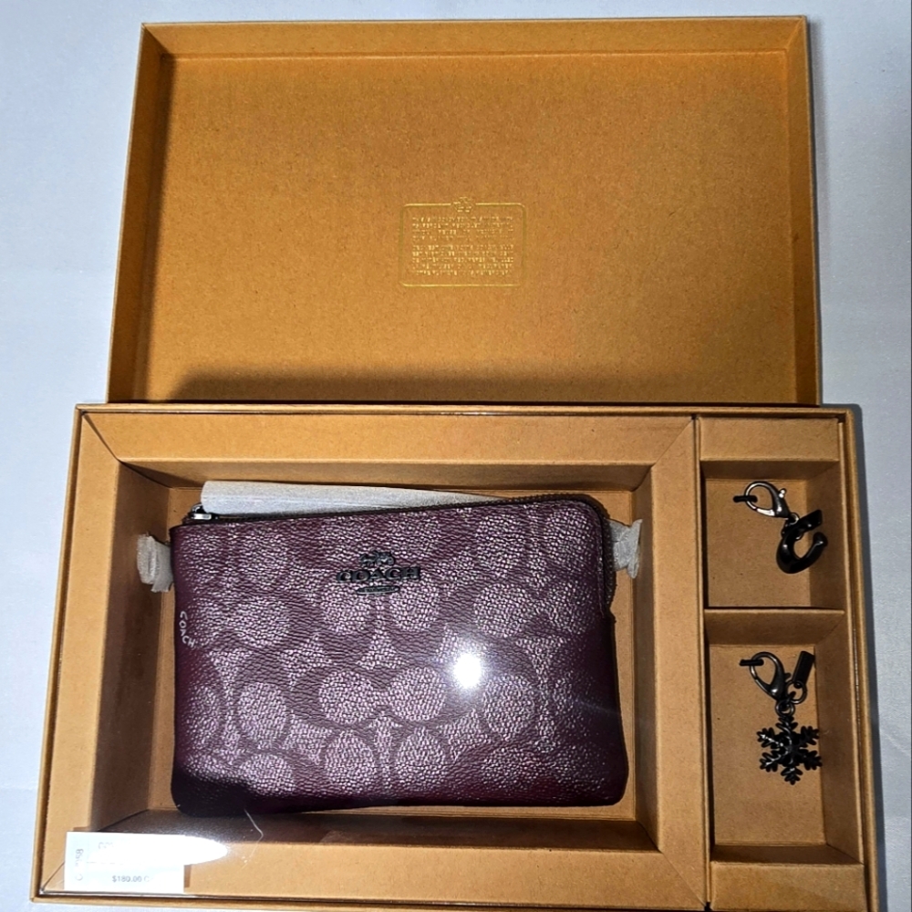 COACH Boxed Corner Zip Wristlet In Signature Canvas With Charmsboxed corner zip